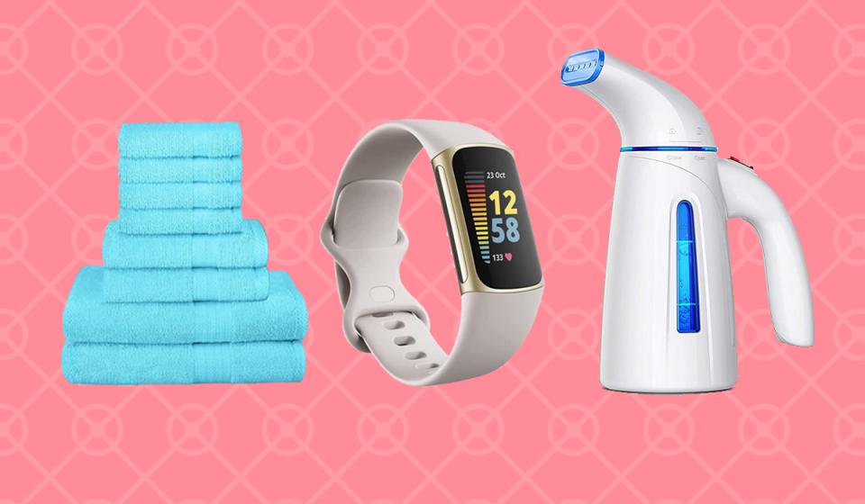 Turquoise towels, Fitbit Charge 5, OG Hom clothes steamer (Photos: Amazon)