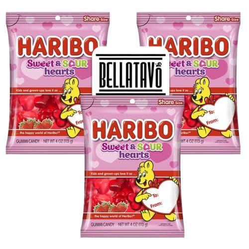 14) Sweet and Sour Gummy Hearts Bundle. Includes Three-4 Oz Bags of Haribo Sweet and Sour Gummy Hearts Valentines Candy Plus a BELLATAVO Fridge Magnet! Pink & Red Heart Gummy Candy in Share Size Bags!