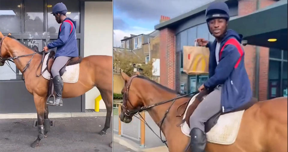 Young man riding horse in McDonald's drive-thru