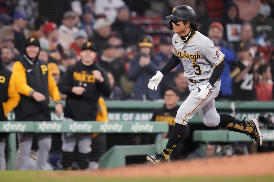 Pittsburgh Pirates' Ji Hwan Bae rounds the bases on his two run, home run during the second inning of a baseball game against the Boston Red Sox at Fenway Park, Tuesday, April 4, 2023, in Boston. (AP Photo/Charles Krupa)