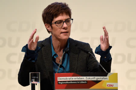 FILE PHOTO: Christian Democratic Union (CDU) candidate Annegret Kramp-Karrenbauer speaks at a regional conference in Luebeck, Germany, November 15, 2018. REUTERS/Fabian Bimmer/File Photo