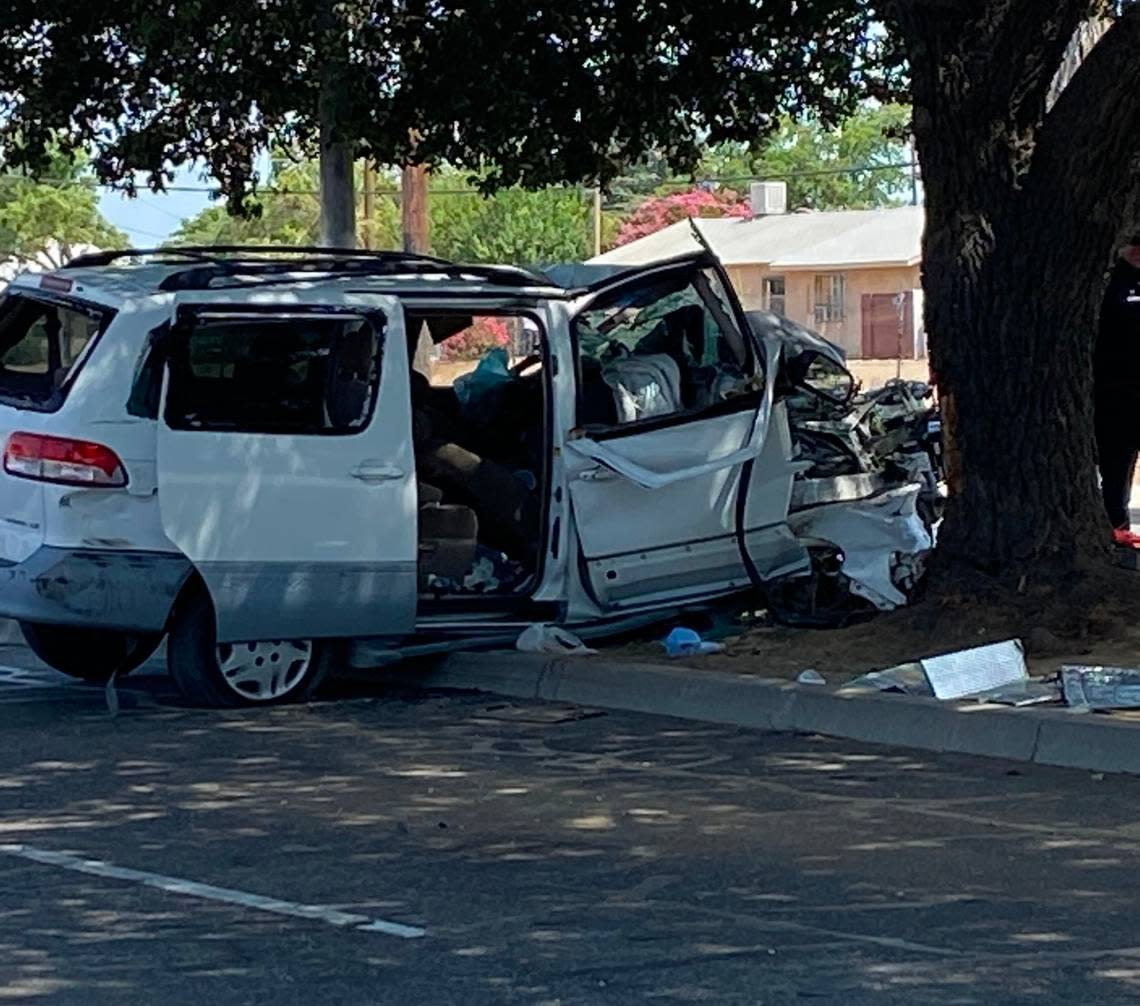 A woman was killed in a solo crash into a tree on McKinley Avenue in Fresno, California on Thursday, Aug. 4, 2022.