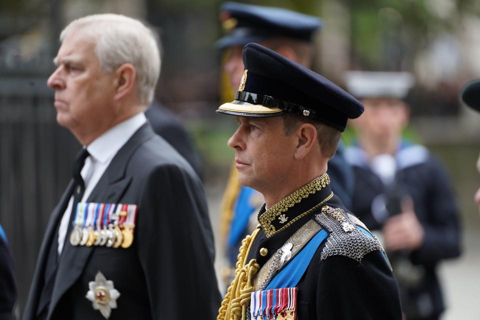 Prince Andrew, Duke of York and Prince Edward, Earl of Wessex, take part in the state funeral and burial of Queen Elizabeth II at Westminster Abbey on Sept. 19, 2022 in London.