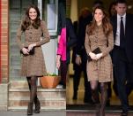 <p>Kate wore this brown patterned Orla Kiely fit-and-flare dress with brown tights and brown suede boots in February 2012 and then donned the exact same look a year later in November 2013 in a visit to Only Connect. </p>