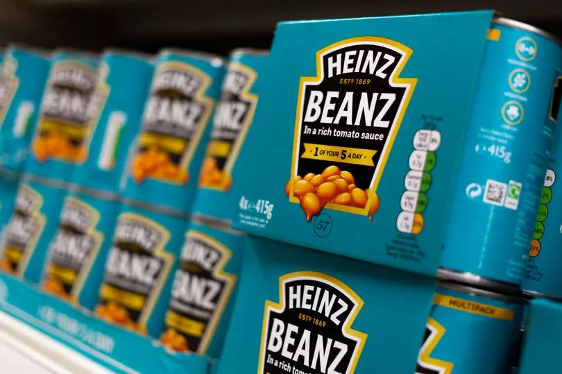 Rows of tins of baked beans in tomato sauce on display in a supermarket as food manufacturer Heinz removes some of the country's favourites from Tesco following an ongoing dispute over price increases on 3rd July, 2022 in Leeds, United Kingdom. With customers across the country feeling the financial pressures of the cost of living crisis, Tesco said it would not pass on price increases that it called unjustifiable. (photo by Daniel Harvey Gonzalez/In Pictures via Getty Images)