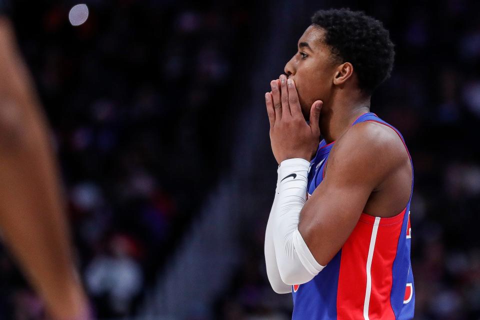 Detroit Pistons guard Jaden Ivey reacts after committing a personal foul against Milwaukee Bucks forward Giannis Antetokounmpo during the first half at Little Caesars Arena in Detroit on Saturday, Jan. 20, 2024.