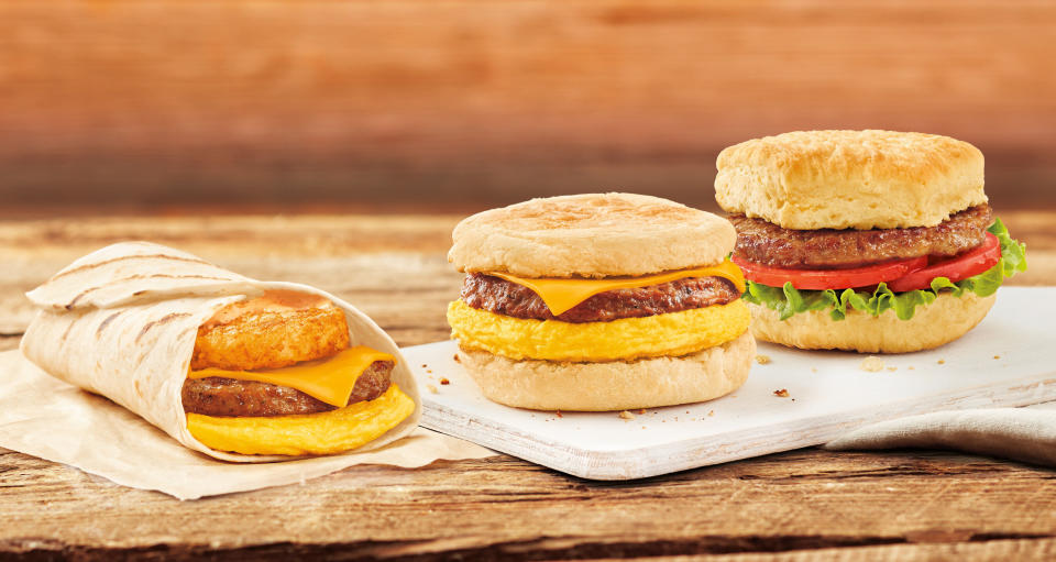 Tim Hortons is testing three 100% plant-based breakfast sandwich options, including a Beyond Meat Breakfast Sandwich, a Beyond Meat Farmers Breakfast Wrap and a Beyond Meat Vegan Sandwich. (CNW Group/Tim Hortons)