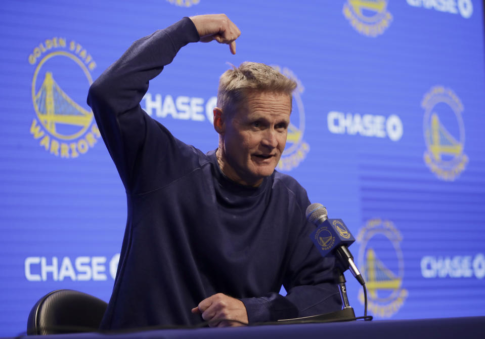 Golden State Warriors coach Steve Kerr gestures while speaking during a news conference prior to the team's NBA basketball game against the Minnesota Timberwolves on Thursday, Oct. 10, 2019, in San Francisco. (AP Photo/Ben Margot)