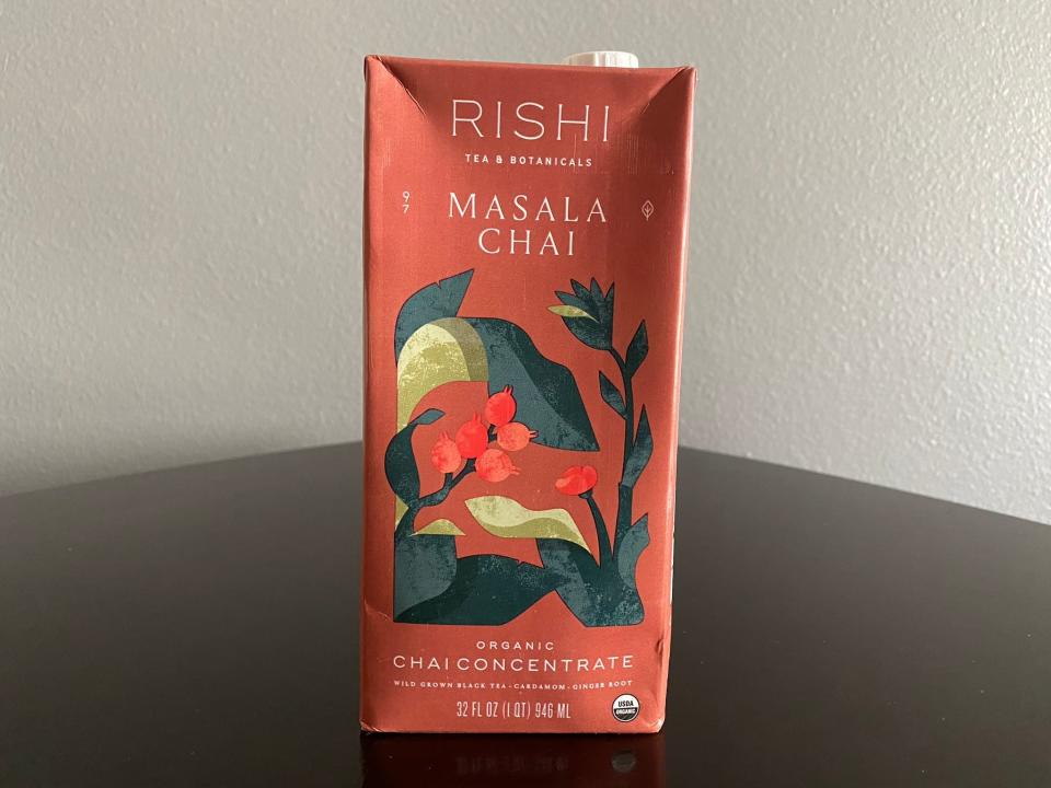 Orange carton of Rishi chai concentrate.