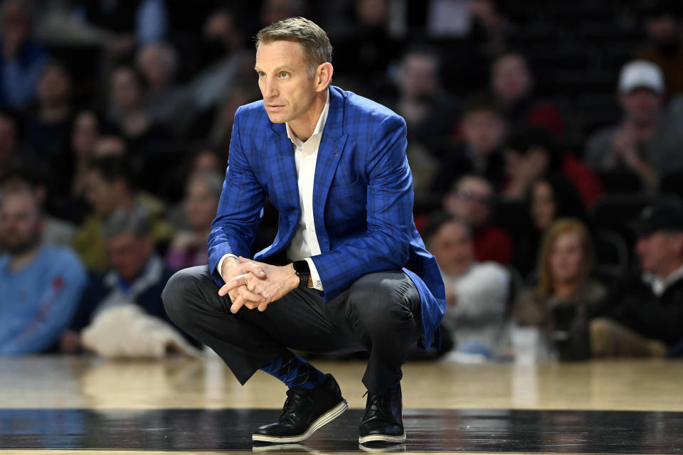 FILE - Alabama head coach Nate Oats watches the action during the first half of an NCAA college basketball game against Vanderbilt on Feb. 22, 2022, in Nashville, Tenn. The 20th-ranked Crimson Tide has talent and depth both returning and incoming, but plenty to improve on from a season that crashed to a halt with a first-round NCAA Tournament exit. (AP Photo/Mark Zaleski, File)