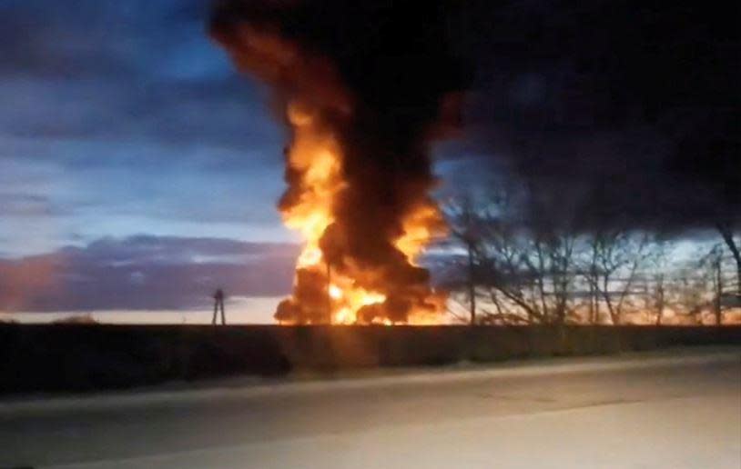 A video screengrab shows a large fire burning at what was reportedly a state-owned oil storage depot in Yartsevo, Smolensk Oblast,  Russia, after a Ukrainian drone attack, April 24,  2024. / Credit: Reuters