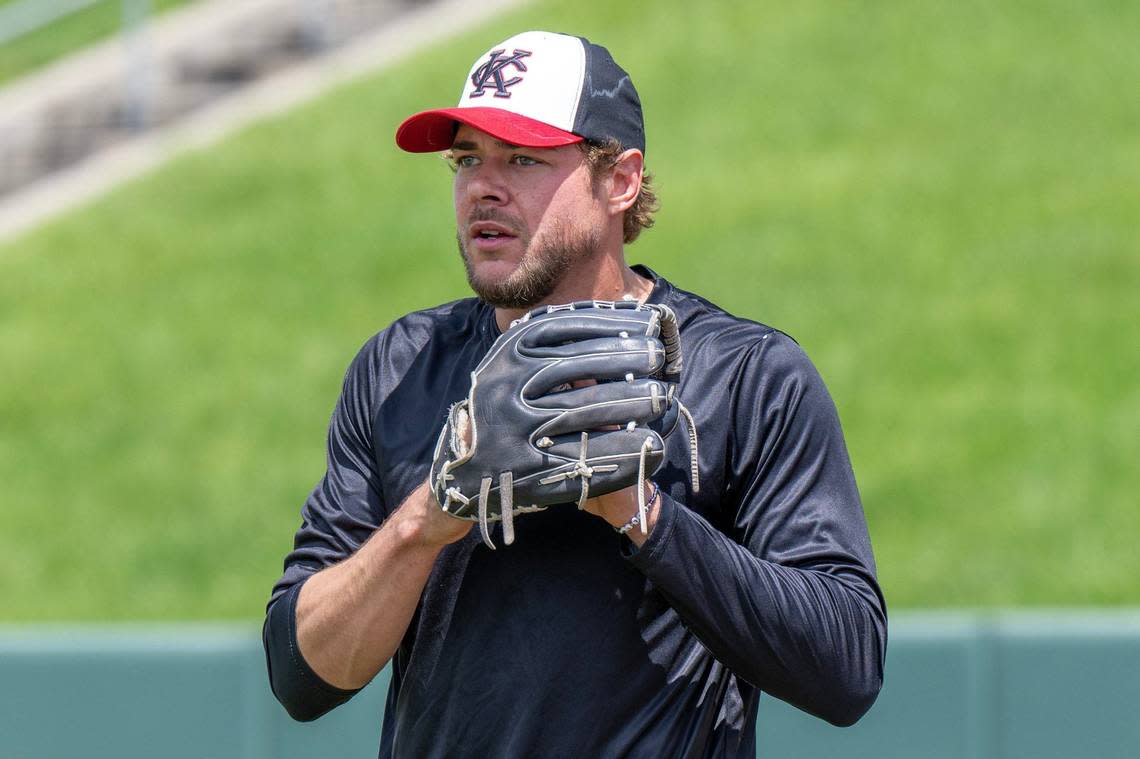 Kansas City Monarchs pitcher Dalton Moats warms up during a practice at Legends Field on Wednesday, May 8, 2024, in Kansas City, Kansas.