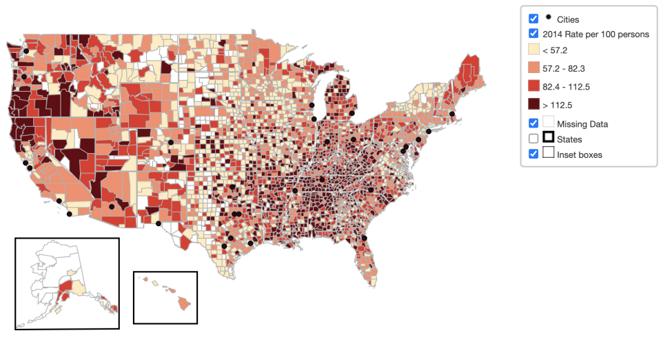 Opioid prescribing rates, county-level U.S., 2014. (Source: CDC) 