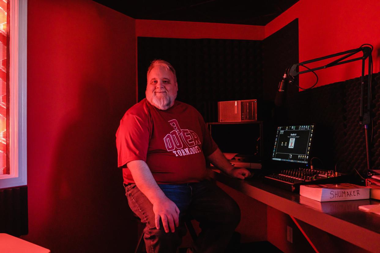 Steve Shumaker, program director of WDNP 102.3, poses for a portrait at the radio station in Dover. He is also a social studies teacher at Dover Middle School. He brings students in Saturday mornings to get experience on the radio.