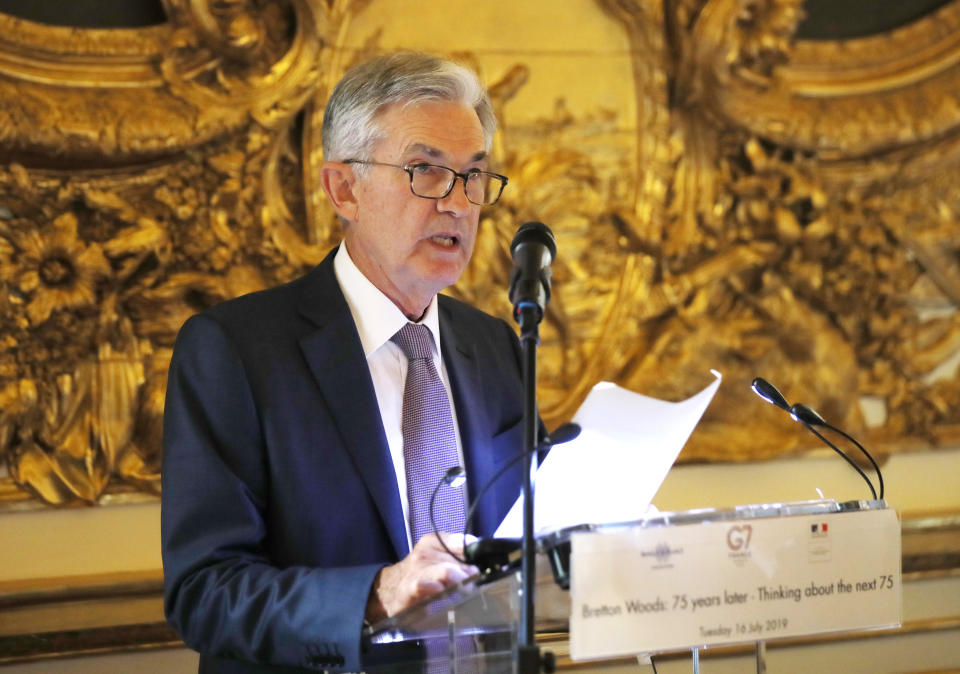 U.S. Federal Reserve Chairman Jerome Powell speaks during a dinner hosted by the Bank of France in Paris, Tuesday, July 16, 2019. Finance officials from the Group of Seven rich democracies will weigh risks from new digital currencies and debate how to tax U.S. tech companies like Google and Amazon when they meet in the Paris suburb of Chantilly tomorrow. (AP Photo/Michel Euler)