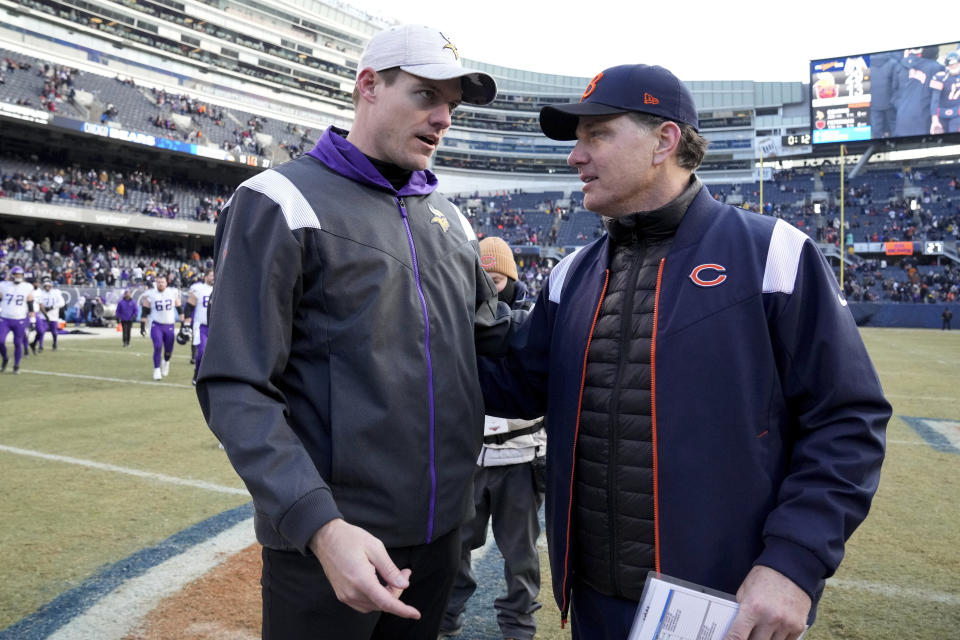 Minnesota Vikings head coach Kevin O'Connell talks with Chicago Bears head coach Matt Eberflus, right, after an NFL football game, Sunday, Jan. 8, 2023, in Chicago. The Vikings won 29-13. (AP Photo/Nam Y. Huh)