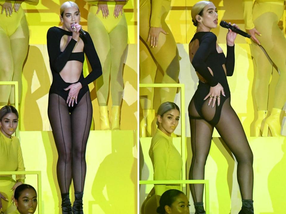 A front and back shot of Dua Lipa wearing a black leotard with cutouts and sheer tights on a yellow stage.