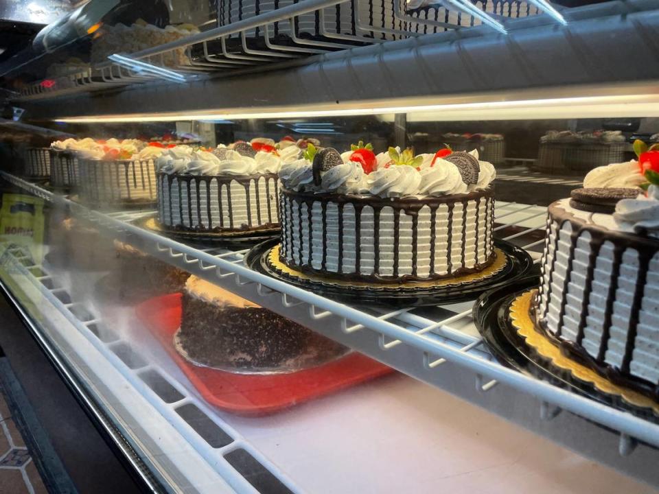 The dessert case at Panaderia Aguascalientes filled with oreo tres leche cakes on Thursday, July 13, 2023.
