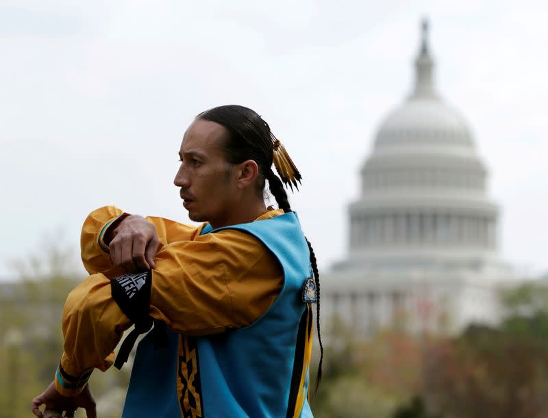 FILE PHOTO: Native American Jeff Horinek, a member of the Cowboys and Indian Alliance, participates in protests against the Keystone XL pipeline in front of the U.S. Capitol in Washington