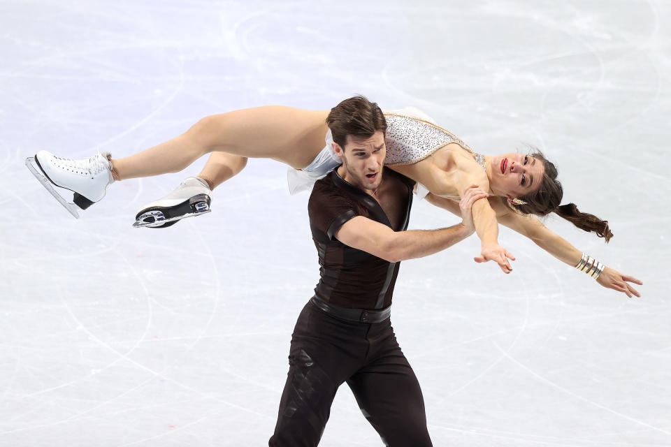 Laurence Fournier Beaudry and Nikolaj Soerensen of Canada skate during the Ice Dance Free Dance on day 10 of the Beijing 2022 Winter Olympic Games at Capital Indoor Stadium on February 14, 2022 in Beijing, China.