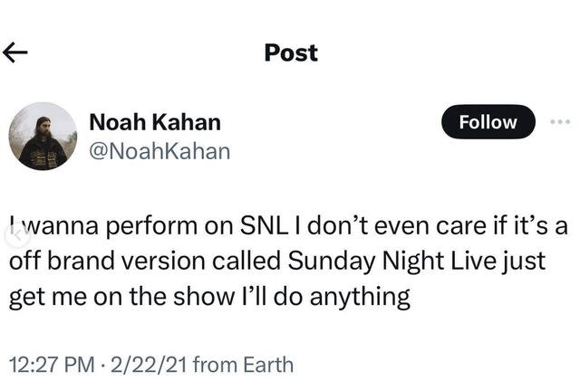 <p>Noah Kahan/X</p> Noah Kahan's 2021 tweet expressing his desire to one day appear on 'SNL.'