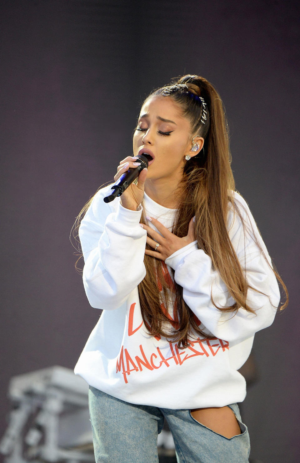 Ariana Grande performs on stage during the One Love Manchester Benefit Concert at Old Trafford on June 4, 2017 in Manchester, England.&nbsp;