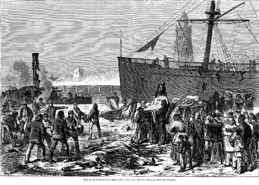 An illustration of the dock showing the aftermath of the explosion.