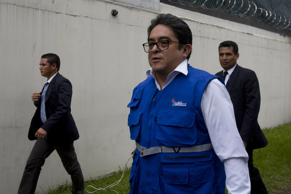 Guatemalan human rights prosecutor Jordan Rodas arrives to the United Nations International Commission Against Impunity, CICIG, headquarters in Guatemala City, Friday, Aug. 31, 2018. Guatemala president Jimmy Morales says he is not renewing mandate of U.N.-sponsored commission investigating corruption in the country. (AP Photo/Moises Castillo)