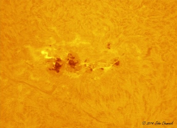 John Chumack sent Space.com this close up image of the sun in hydrogen alpha light featuring gigantic sunspot group AR 1967 taken from his backyard in Dayton, Ohio on Feb. 3, 2014 (Lunt 60mm/50 F Ha Scope, DMK 21AF04 Camera, 2x barlow 1/60 seco