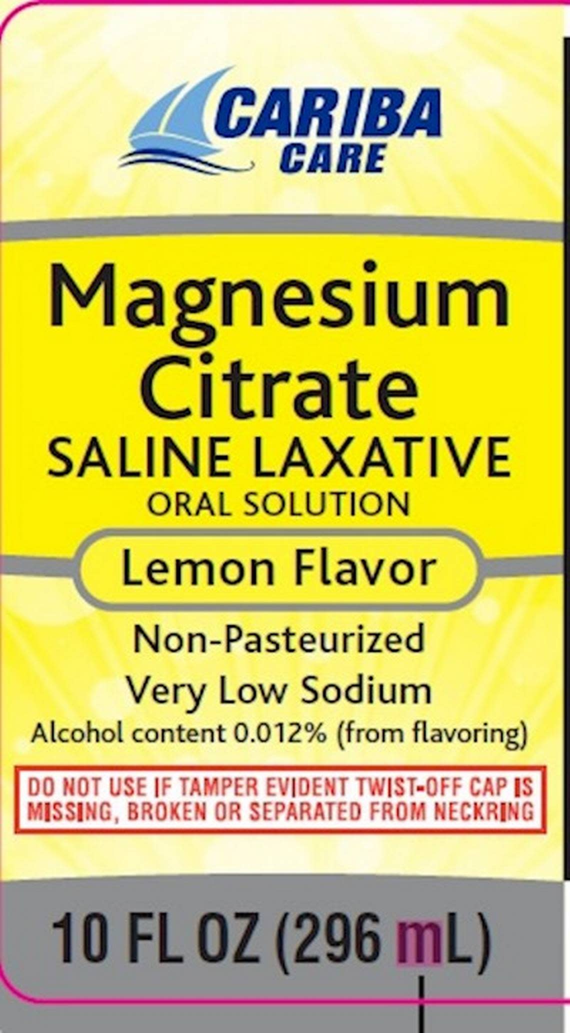 Cariba Care Magnesium Citrate laxative, distributed out of Safety Harbor, Florida