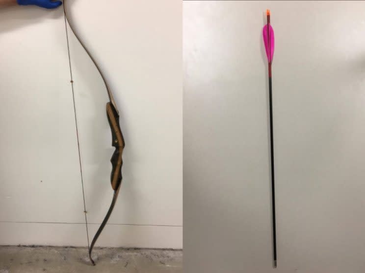 This bow, left, and an arrow similar to that pictured were allegedly used (Picture: NSW Police)