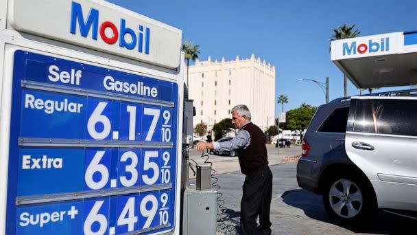 PHOTO: Gas prices are displayed at a Mobil gas station on Oct. 28, 2022 in Los Angeles. (Mario Tama/Getty Images)