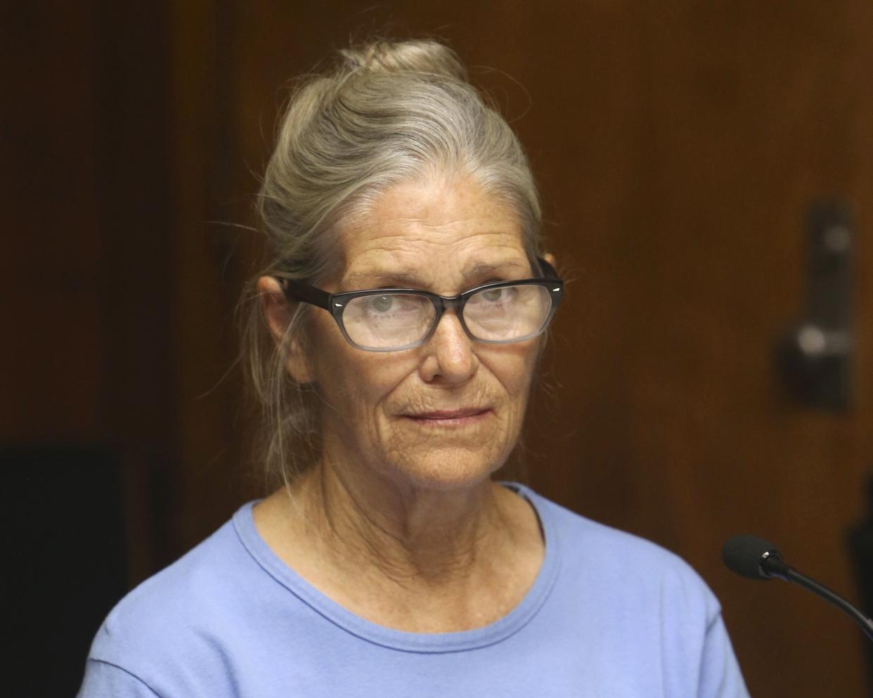 In this Sept. 6, 2017, file photo, Leslie Van Houten attends her parole hearing at the California Institution for Women in Corona, Calif. 