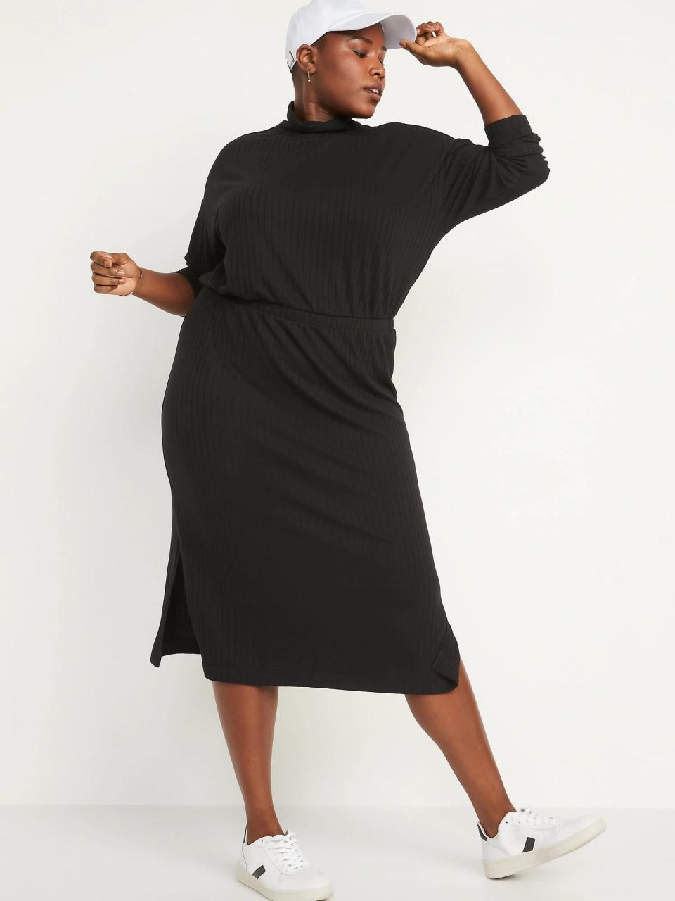 <p>The elasticized middle of the <span>Old Navy Waist-Defined Rib-Knit Turtleneck Long-Sleeve Dress</span> ($35, originally $45) offers extra definition but this dress still has the same coziness of an oversized sweater.</p>