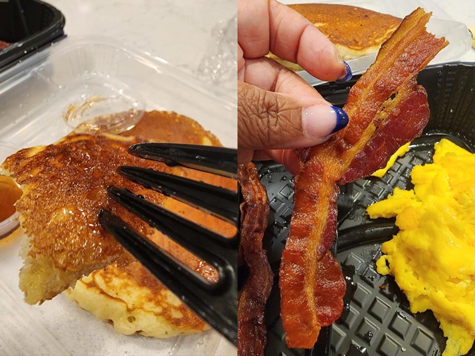 Piece of a pancake from Denny's on a fork; The writer holds a dark-brown piece of bacon from Denny's