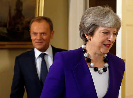 FILE PHOTO: Britain's Prime Minister Theresa May meets with European Union Council President Donald Tusk at 10 Downing Street in London, Britain, March 1, 2018. REUTERS/Frank Augstein/Pool/File Photo