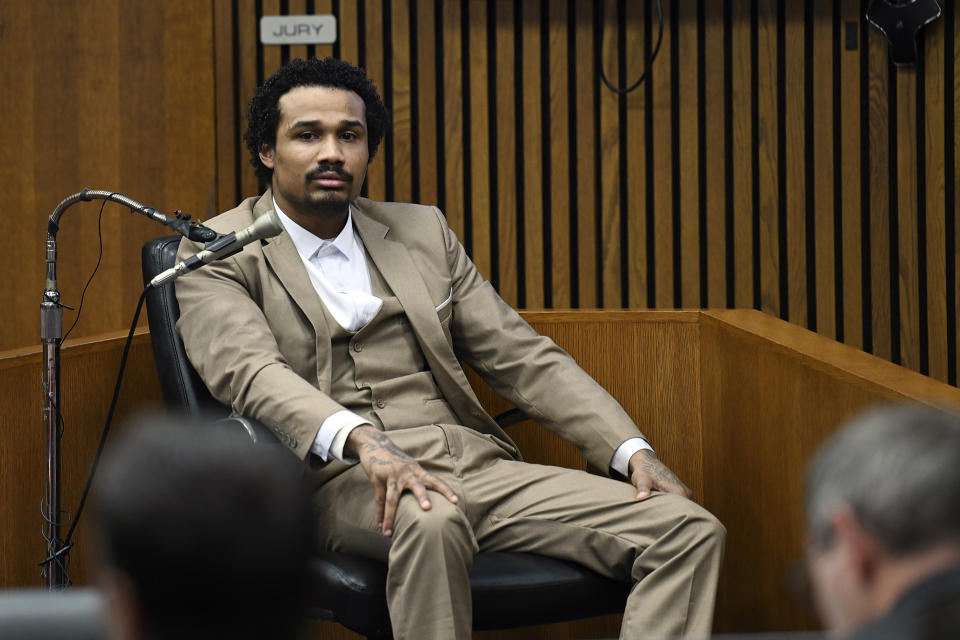 Defendant Michael Jackson-Bolanos, on trial for the murder of Samantha Woll, testifies in his defense, Wednesday, July 3, 2024, at Frank Murphy Hall of Justice in Detroit. (Clarence Tabb, Jr./Detroit News via AP)