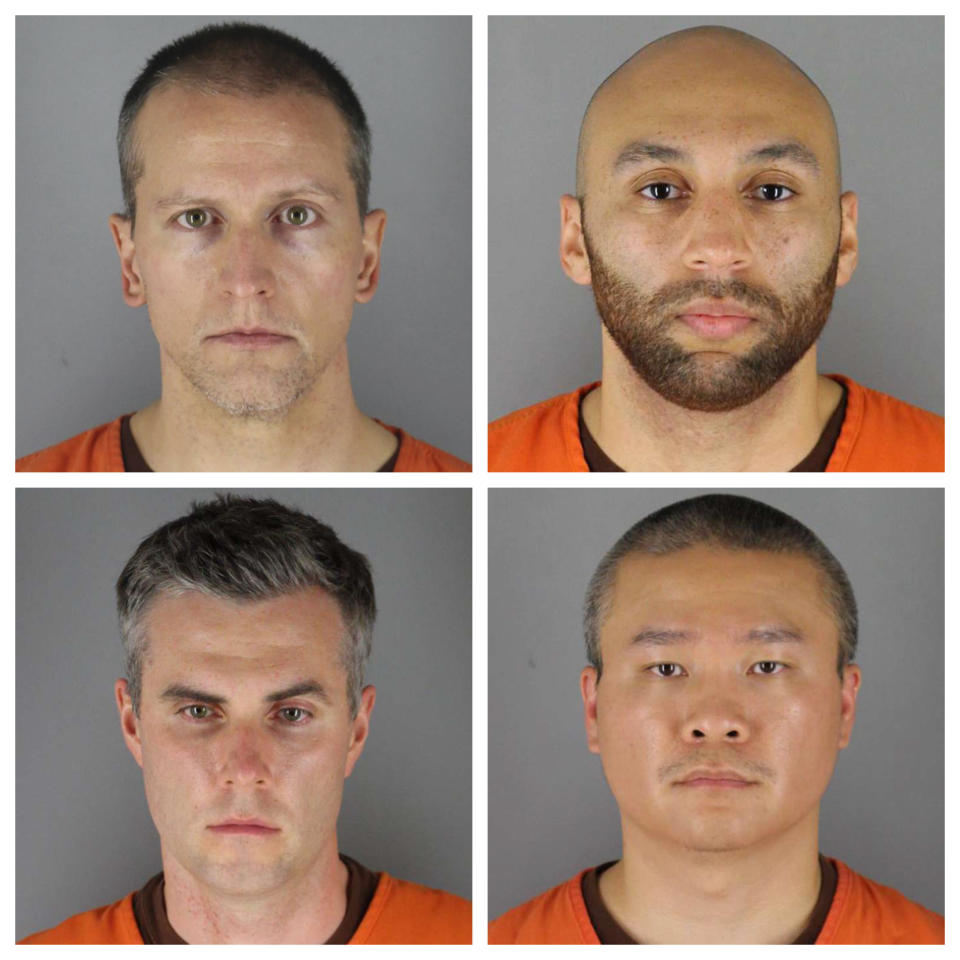 Derek Chauvin, top left, is one of four former officers charged in George Floyd's death last May. Clockwise from Chauvin are J. Alexander Kueng, Tou Thao and Thomas Lane. (Photo: ASSOCIATED PRESS)