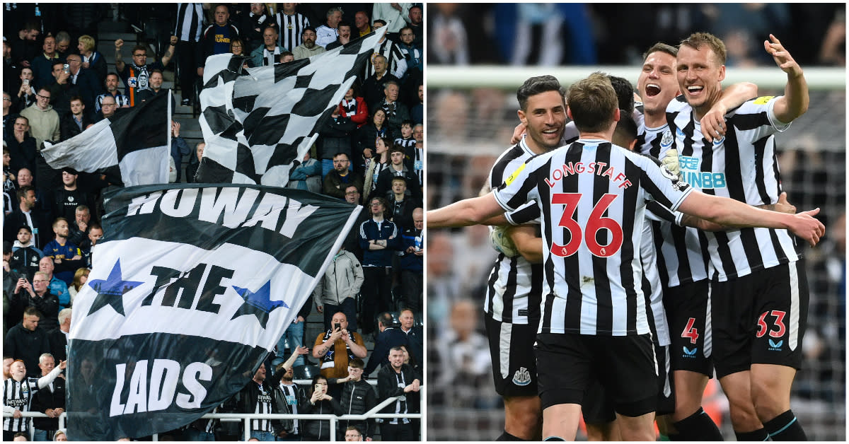 Newcastle United fans (left) and players celebrate qualifying for next season's Uefa Champions League. (PHOTOS: Getty Images)