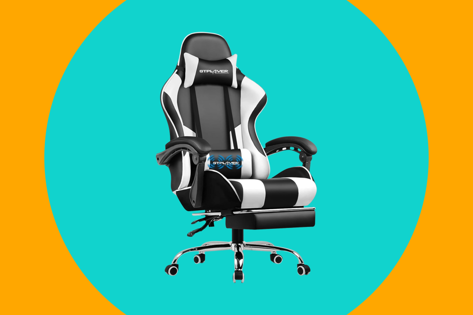 the black and white gaming chair on a colorful background