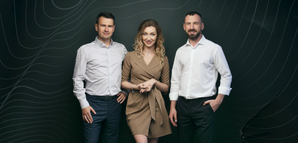Iryna Lorens, middle, with her fellow co-founders at Ukrainian company Weld Money.