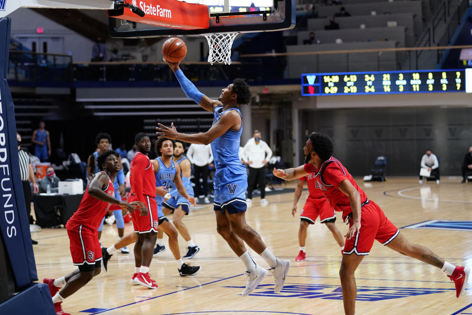 Villanova's Jermaine Samuels goes up for a shot during the first half of an NCAA college basketball game against St. John's, Tuesday, Feb. 23, 2021, in Villanova, Pa. (AP Photo/Matt Slocum)