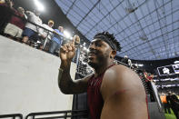 Washington Football Team running back Antonio Gibson (24) celebrates after the Washington Football Team defeated the Las Vegas Raiders in an NFL football game, Sunday, Dec. 5, 2021, in Las Vegas. (AP Photo/David Becker)