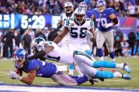 Dec 20, 2015; East Rutherford, NJ, USA; New York Giants running back Shane Vereen (34) runs for a touchdown against Carolina Panthers safety Roman Harper (41) during the fourth quarter at MetLife Stadium. Mandatory Credit: Brad Penner-USA TODAY Sports