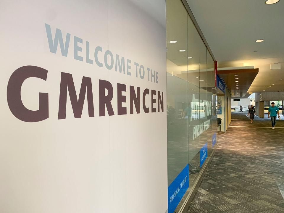 A nearly empty hallway at the Renaissance Center on June 15, 2022. The pandemic sent most of the 5,000 people who worked at GM's headquarters home to work, and few have returned. The pandemic sent most of the 5,000 people who worked at GM's Renaissance Center offices home to work, and few have returned.