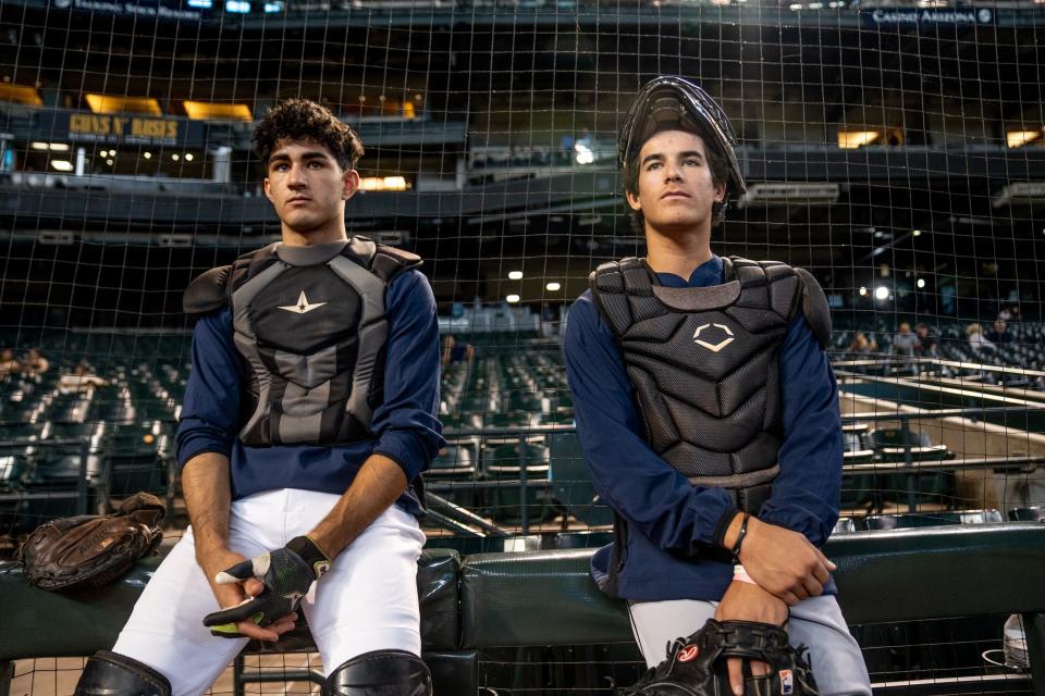 Nathan Carrillo (left) and Grant Madrid-Murray (right) both of Horizon High School attend the MLB Draft Combine at Chase Field in Phoenix on June 21, 2023.