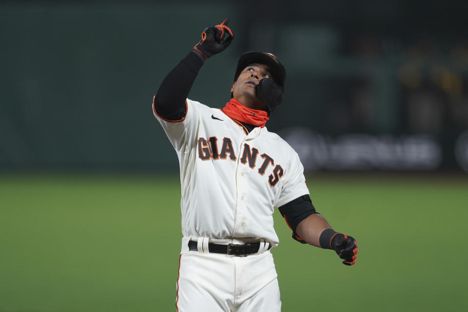 San Francisco Giants' Donovan Solano against the San Diego Padres during a baseball game in San Francisco, Tuesday, July 28, 2020. (AP Photo/Jeff Chiu)