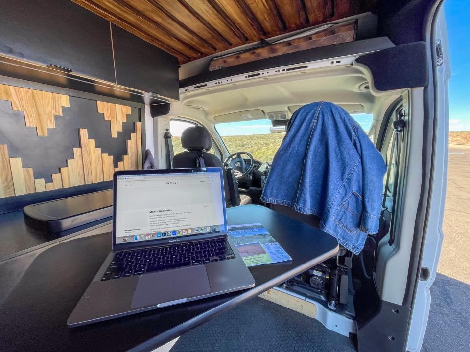 The swivel table inside the van.