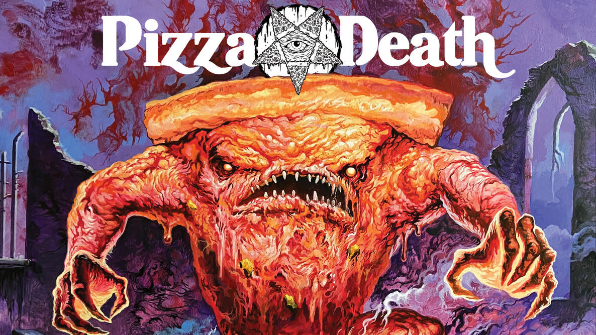  A gigantic mutant pizza underneath the logo of the band Pizza Death 