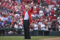 St. Louis Cardinals former catcher and Hall of Fame member Ted Simmons acknowledges fans during a ceremony to retire his number prior to a baseball game against the Minnesota Twins on Saturday, July 31, 2021, in St. Louis. (AP Photo/Joe Puetz)